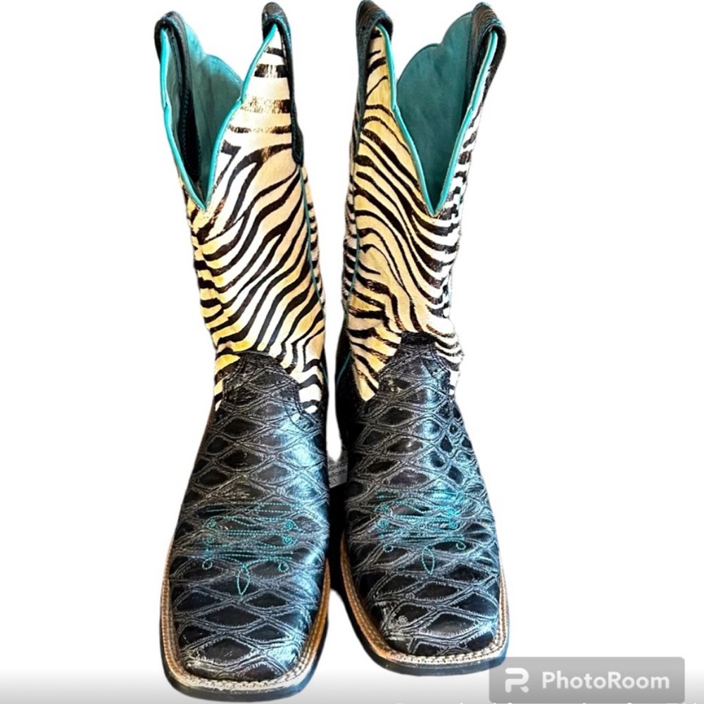 Ariat Women’s Cowboy Boots Sz 8B Black Gator Zebra Print Leather Square Toe GUC